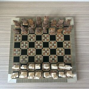 Antique Egyptian Chess Set with Mother-of-Pearl Inlay and Carved Bone Pieces